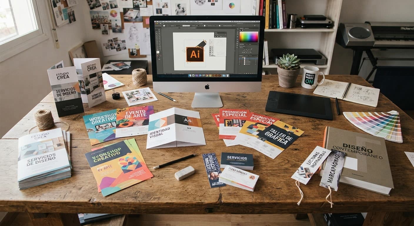 Mesa de trabajo con flyers, dípticos, trípticos, tarjetas y marcapáginas impresos